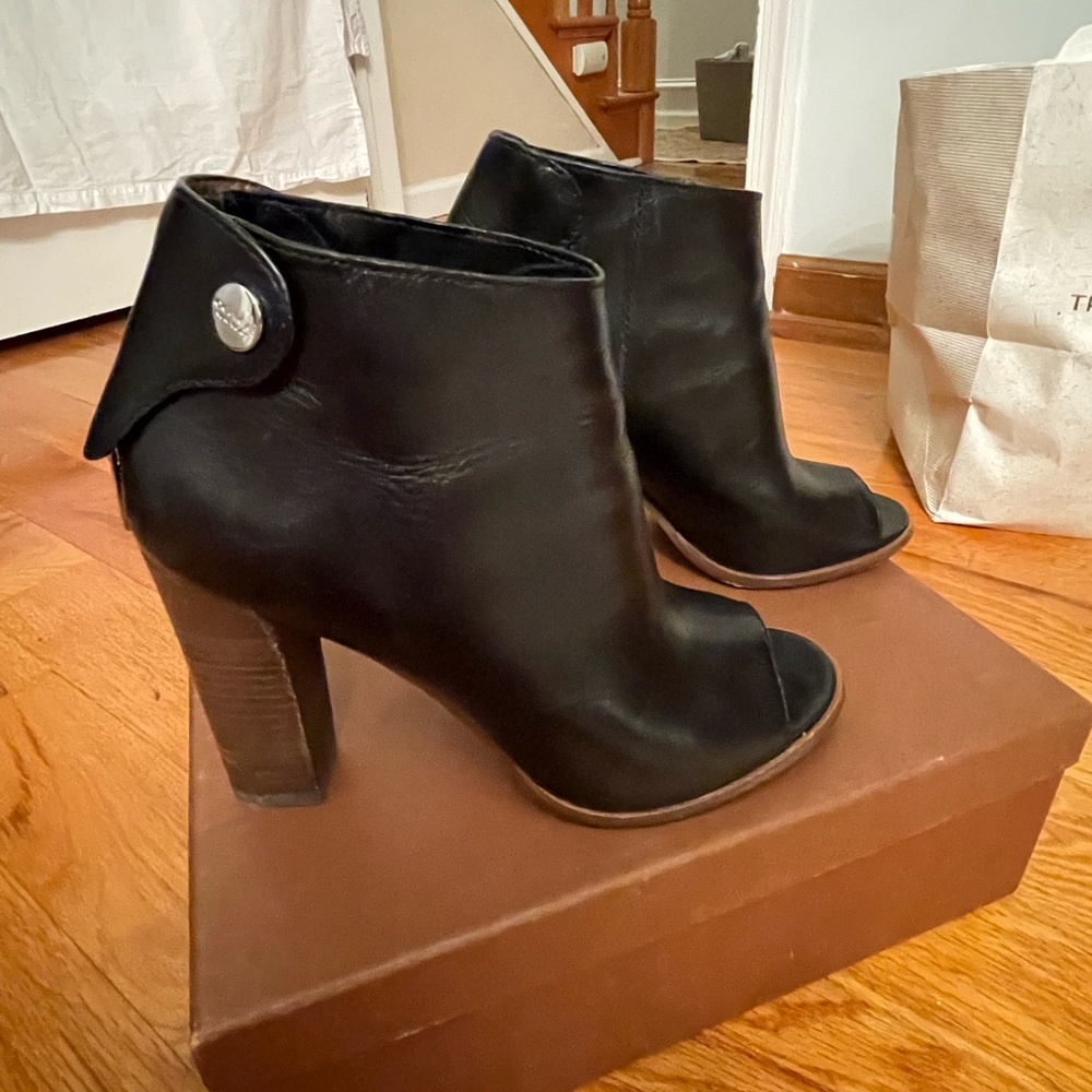 Coach Open-Toe Leather Booties.